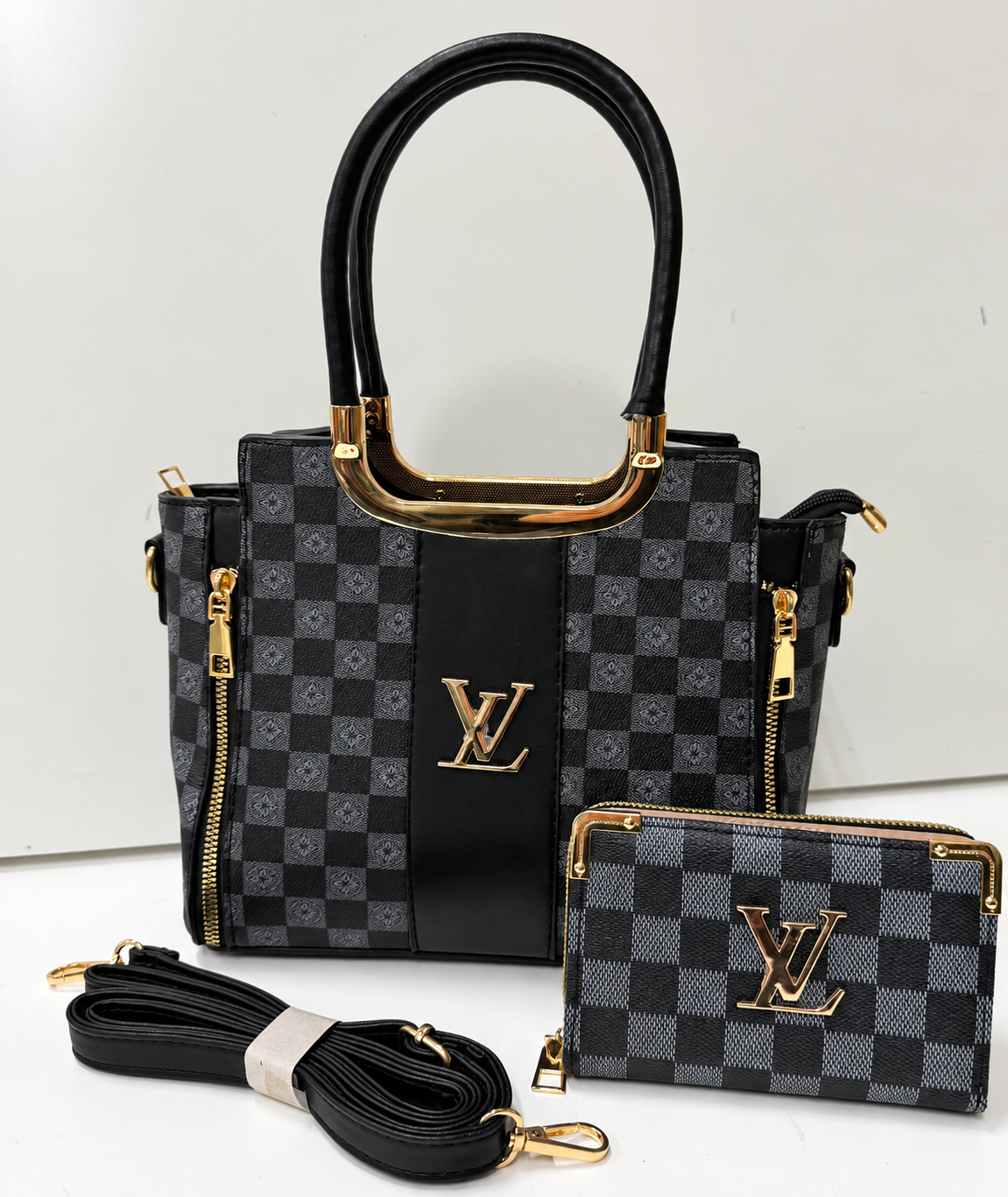 Louis Vuitton LV Checkered Tote Bag Set with Matching Wallet & Shoulder Strap