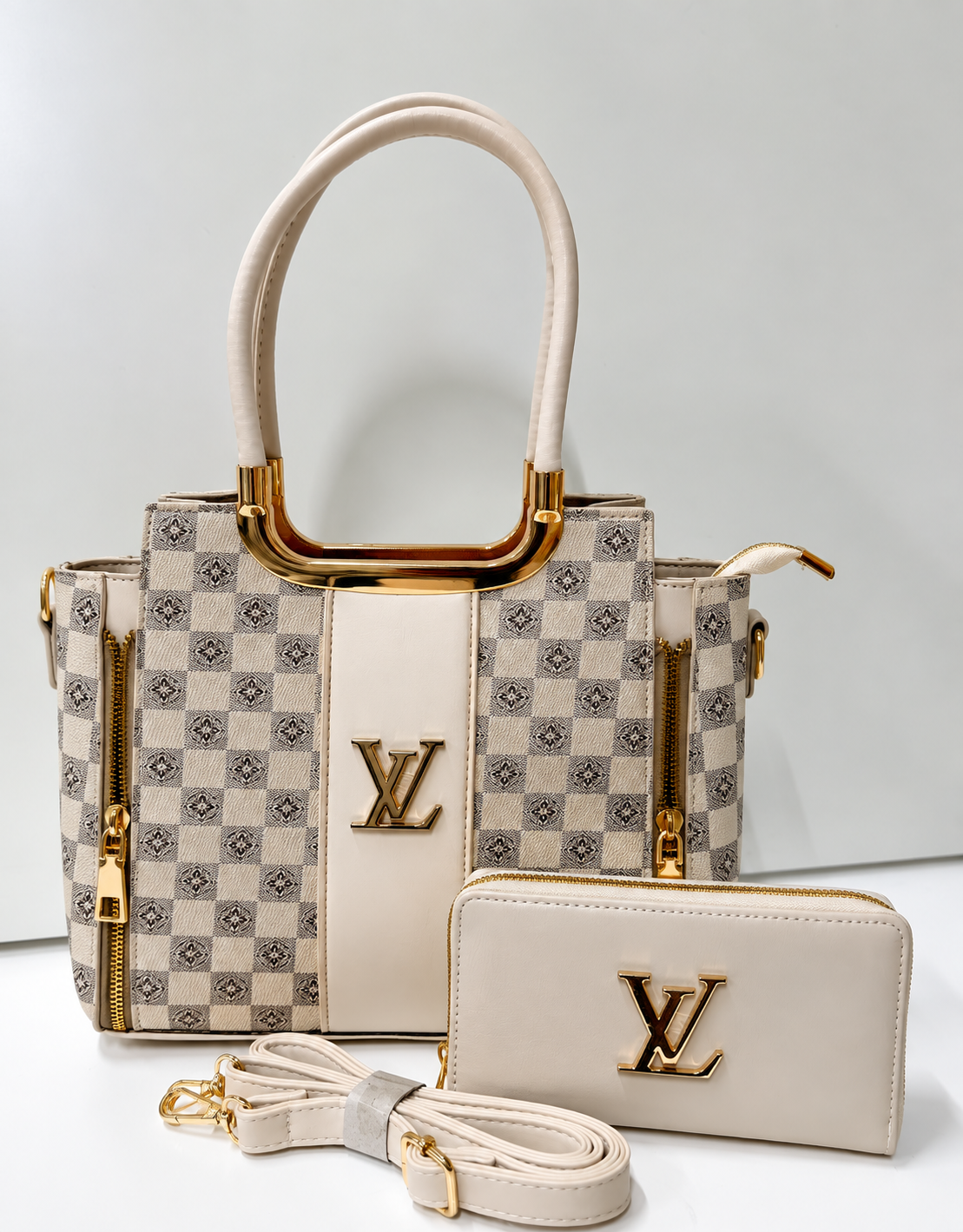 Louis Vuitton LV Checkered Tote Bag Set with Matching Wallet & Shoulder Strap
