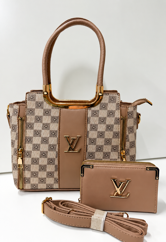 Louis Vuitton LV Checkered Tote Bag Set with Matching Wallet & Shoulder Strap