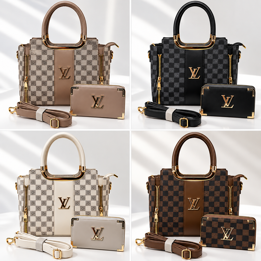 Louis Vuitton LV Checkered Tote Bag Set with Matching Wallet & Shoulder Strap