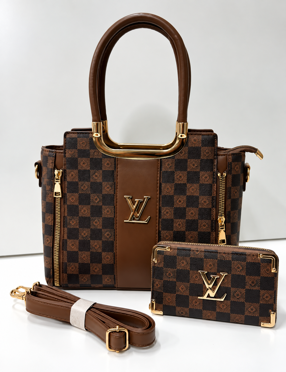 Louis Vuitton LV Checkered Tote Bag Set with Matching Wallet & Shoulder Strap